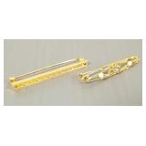 2 vintage 10K gold bar pins- 1 s/w pearls & blue