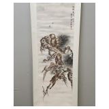 Hand painted Asian scroll- monkeys- 75'H 23.5'W OD
