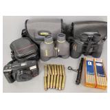 Group items incl assorted ammo, 2 pair binoculars,