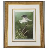 Ernest Simmons signed egret painting under glass