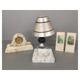 Deco metal lamp & 4 carved stone items incl clock-