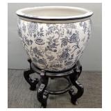 Porcelain planter w/ wooden stand- 14'H,