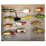 12 vintage fishing lures incl Heddon Dowagiac,
