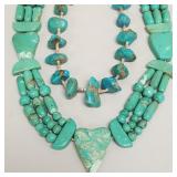 2 turquoise beaded necklaces: carved heart motif