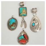 4 signed Southwest silver pendants set with
