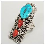 Large Southwest silver, turquoise & coral ring-