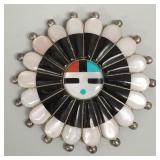 Zuni sterling silver stone inlaid sun face 3" pin/