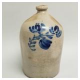 Antique 4-gallon salt glaze jug with blue floral