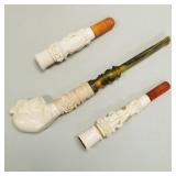 3 Meerschaum carved cheroot, etc. holders- 2 with