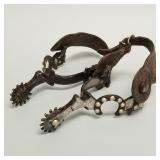 Pair vintage horseshoe motif spurs with engraved