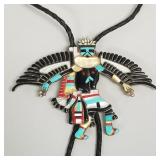 Vintage Zuni eagle dancer silver bolo inlaid with