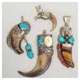 4 Southwest claw motif pendants- 2 signed & marked