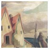 Large oil painting on canvas- buildings & boats-