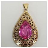 14k gold & large synthetic pink sapphire pendant: