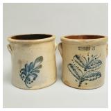Two 3-gallon salt glaze crocks with blue