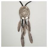 Bentall sterling silver bison & feather motif bolo