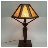 Antique mission oak table lamp with slag glass