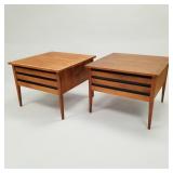 Pair mid-century walnut single drawer end tables-