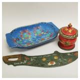 3 pieces vintage rosemaled, etc. wood items incl