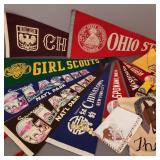 9 vintage, etc. felt pennants, 2 hankies/ scarves