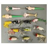 12 vintage fishing lures, etc. incl Mermaid