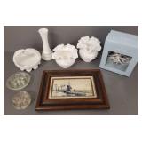 Group incl antique Delft pottery tile, Fenton milk