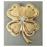 10k gold clover pin s/w diamond- 6.2g, 1" x 1 1/4"