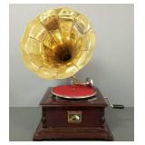 Replica Gramophone crank phonograph w/ brass horn