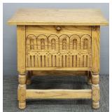 Carved oak cabinet/ bench with drop front-