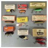 10 vintage fishing lures with 9 boxes incl Heddon,
