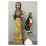 2 wooden items: painted old crow on stand &