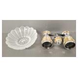 4" Lalique floral bowl & pr France mother of pearl