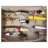12 vintage fishing lures incl Heddon River Runt,