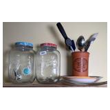DRINK DISPENSERS & CROCK OF UTENSILS