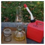 OIL LAMP, CANNING JAR & GAS CAN