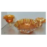 CARNIVAL GLASS BOWL, VASE & SMALL COMPOTE
