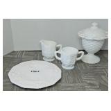 MILK GLASS CREAM & SUGAR, PLATE, COVERED COMPOTE