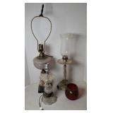RED SHADE, OIL LAMP, CRYSTAL LAMPS