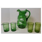 HAND PAINTED GLASS PITCHER & (2) GLASSES