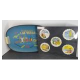 VINTAGE LAS VEGAS TRAY & FRAMED ALCOHOL COASTERS
