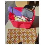 TOTE OF MISC HOUSEHOLD, HANGERS & MORE