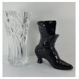BOOT PLANTER & HEAVY CRYSTAL VASE