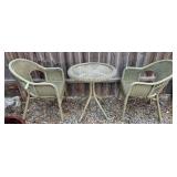 GREEN WICKER TABLE W/ (2) CHAIRS