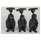 (3) CAST IRON WISE MONKEY CANDLESTICKS