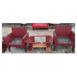 RED WICKER CHAIRS & COFFEE TABLE