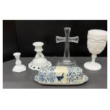 MILK GLASS & CROCK BUTTER DISH
