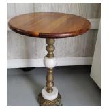 WOOD TABLE W/ MARBLE & BRASS BASE