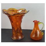 ORANGE CARNIVAL GLASS VASE & CRACKLE GLASS PITCHER