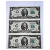 (3) 2 DOLLAR BILLS 2017 UNCIRCULATED CONSECUTIVE