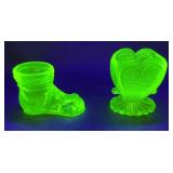 (2) URANIUM GLASS TOOTHPICK HOLDERS: BOOT & OTHER